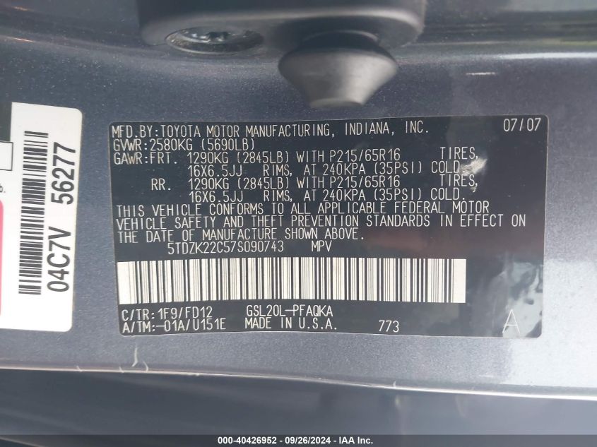 5TDZK22C57S090743 2007 Toyota Sienna Xle