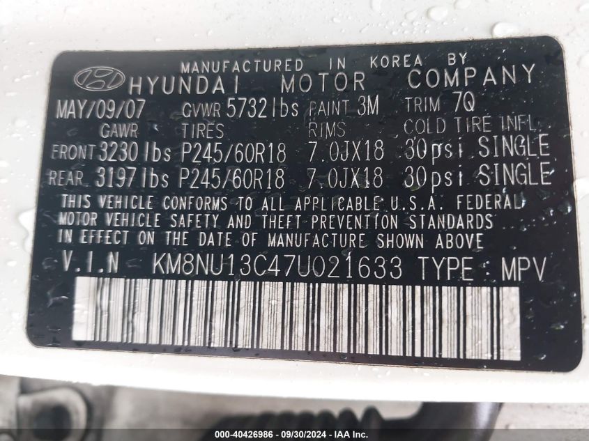 KM8NU13C47U021633 2007 Hyundai Veracruz Gls/Limited/Se