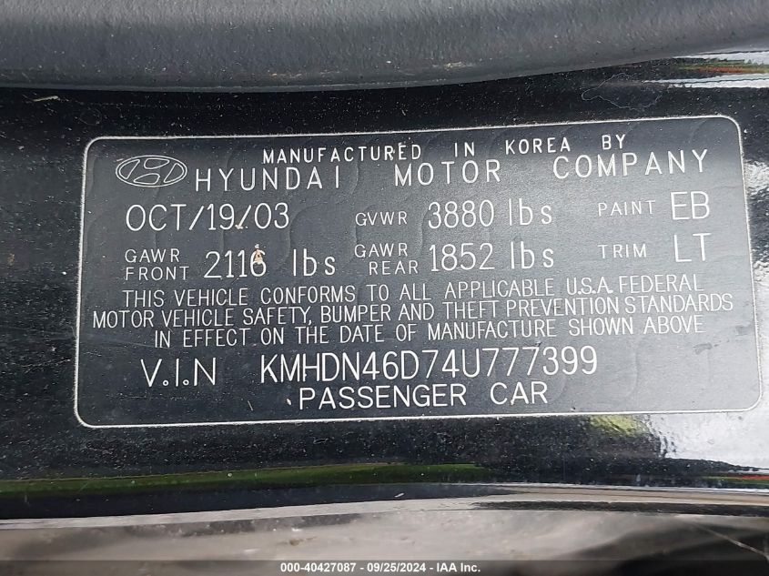 2004 Hyundai Elantra Gls/Gt VIN: KMHDN46D74U777399 Lot: 40427087