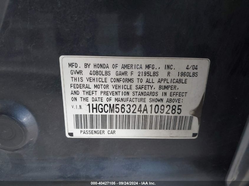 1HGCM56324A109285 2004 Honda Accord Lx