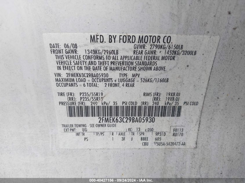 2FMEK63C29BA05930 2009 Ford Flex Limited