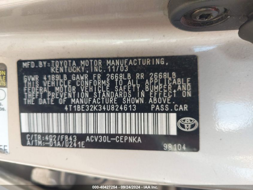 4T1BE32K34U824613 2004 Toyota Camry Le