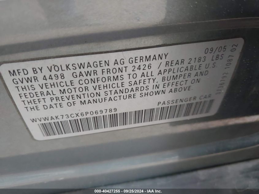 WVWAK73CX6P069789 2006 Volkswagen Passat 2.0T/Value Edition