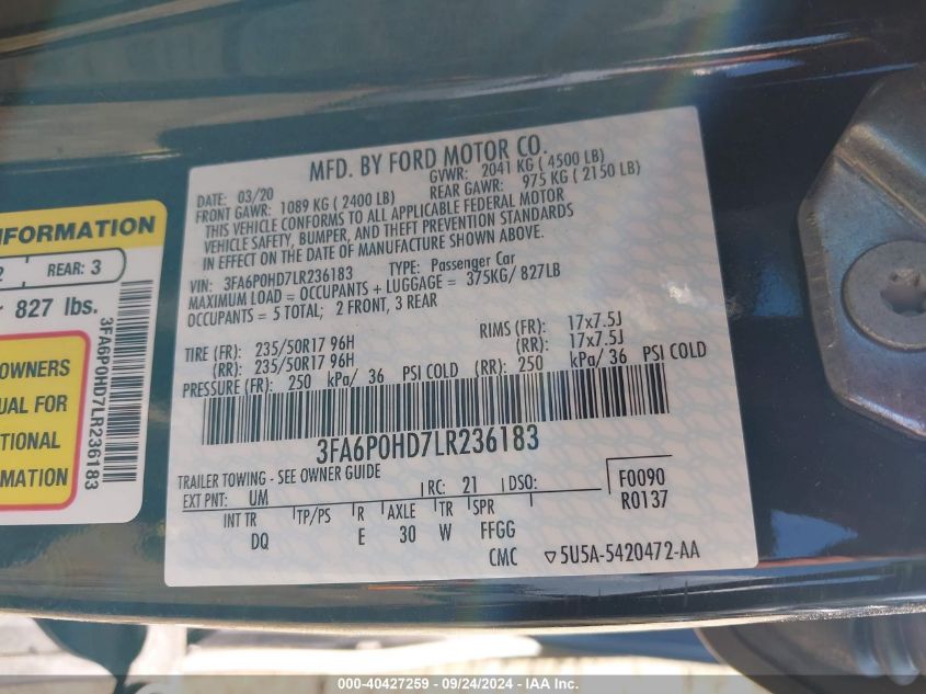 2020 FORD FUSION SE - 3FA6P0HD7LR236183