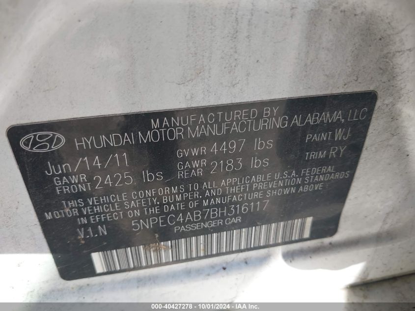 5NPEC4AB7BH316117 2011 Hyundai Sonata Se/Limited