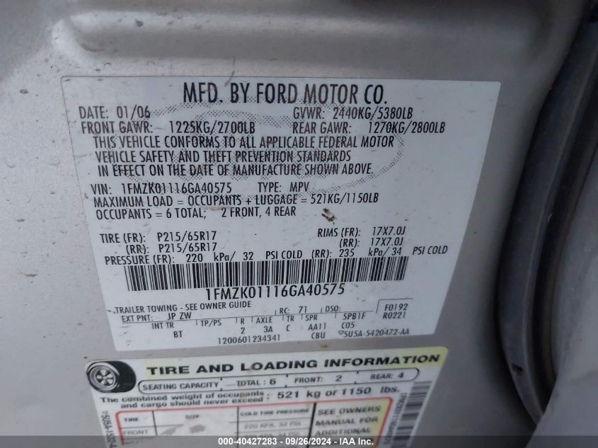 1FMZK01116GA40575 2006 Ford Freestyle Se