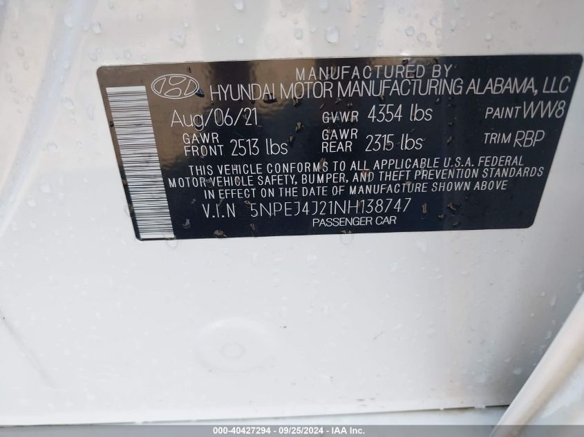 2022 Hyundai Sonata Sel Plus VIN: 5NPEJ4J21NH138747 Lot: 40427294