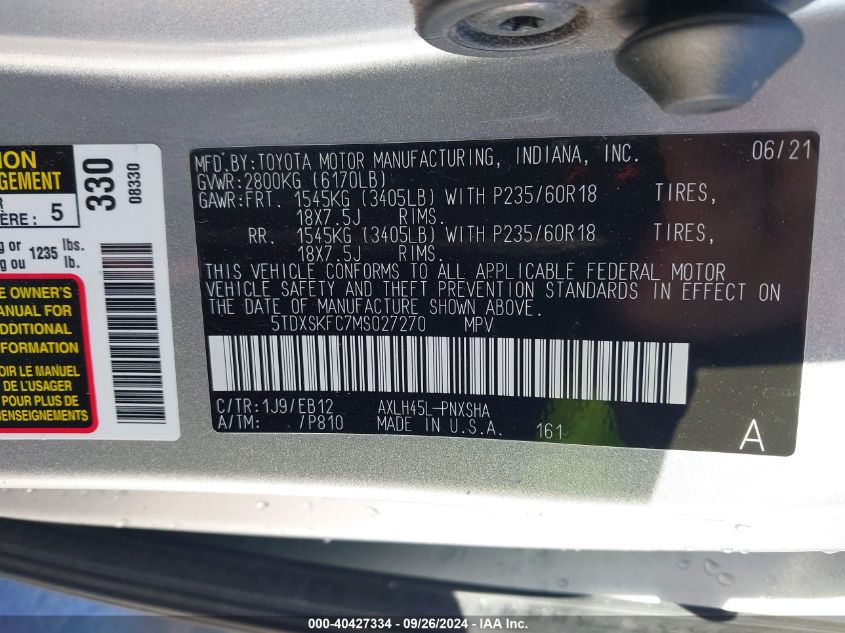 5TDXSKFC7MS027270 2021 Toyota Sienna Xse