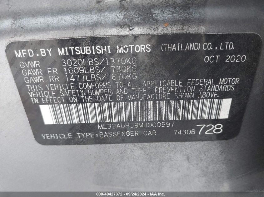 ML32AUHJ9MH000597 2021 Mitsubishi Mirage Carbonite Edition/Es/Le