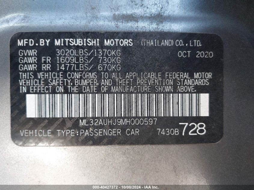 2021 Mitsubishi Mirage Carbonite Edition/Es/Le VIN: ML32AUHJ9MH000597 Lot: 40427372