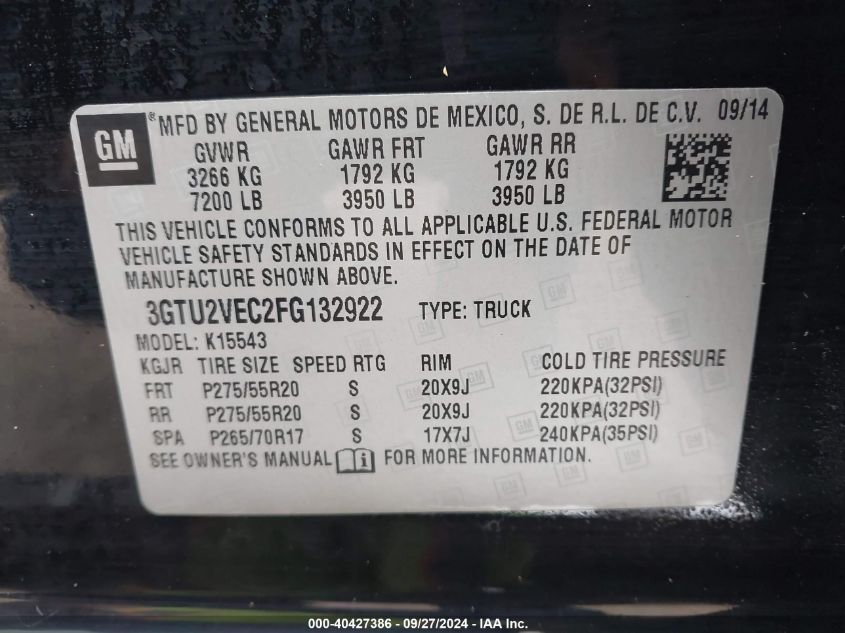 3GTU2VEC2FG132922 2015 GMC Sierra 1500 Slt