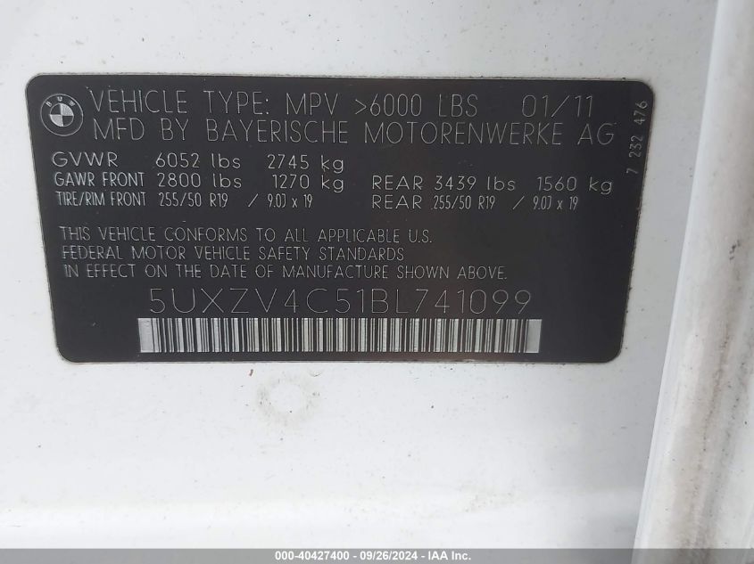 5UXZV4C51BL741099 2011 BMW X5 35I