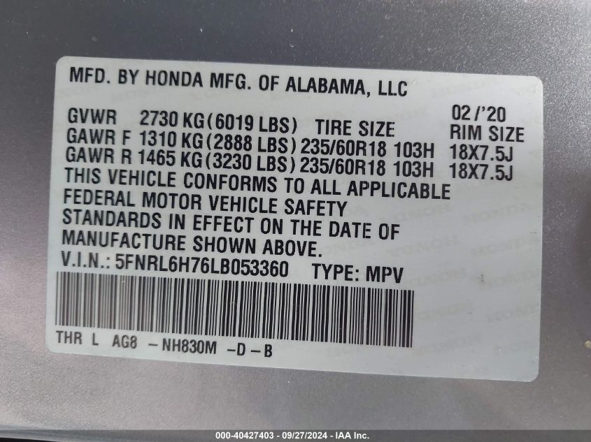 2020 Honda Odyssey Ex-L/Ex-L W/Navi Res VIN: 5FNRL6H76LB053360 Lot: 40427403