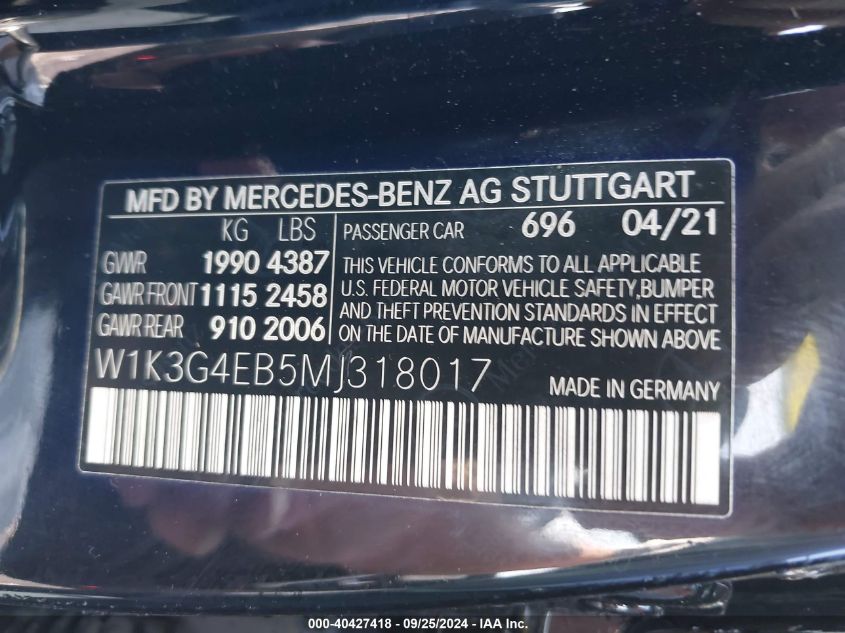 2021 Mercedes-Benz A 220 VIN: W1K3G4EB5MJ318017 Lot: 40427418