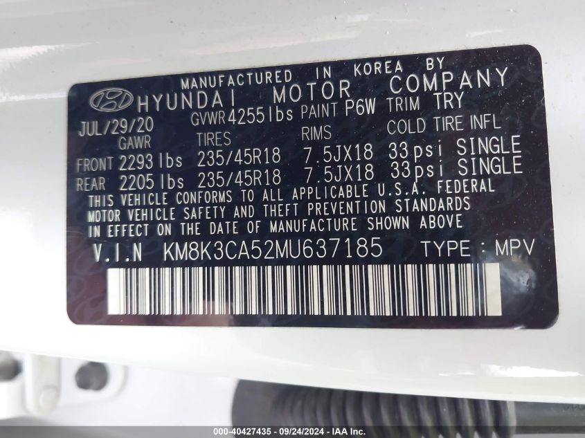 2021 Hyundai Kona Limited VIN: KM8K3CA52MU637185 Lot: 40427435