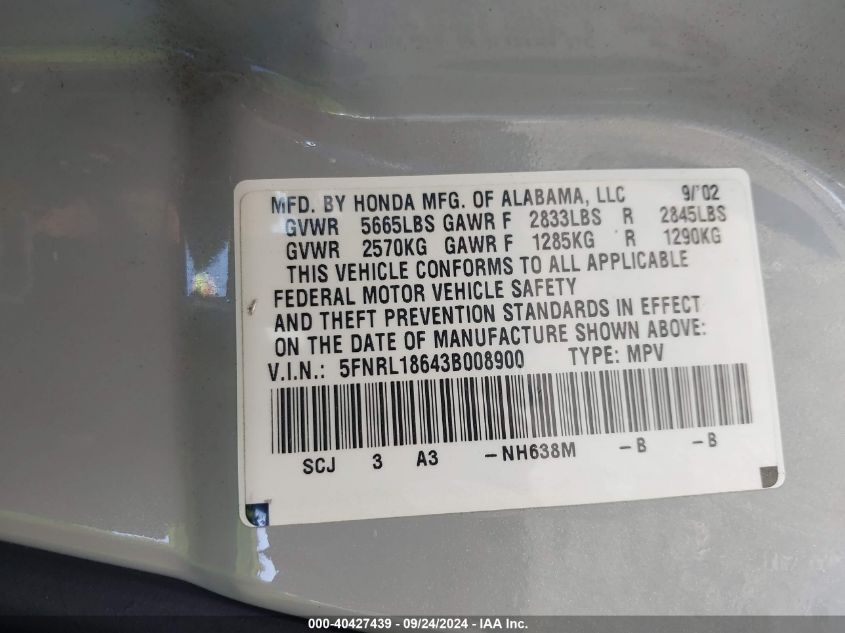 5FNRL18643B008900 2003 Honda Odyssey Ex