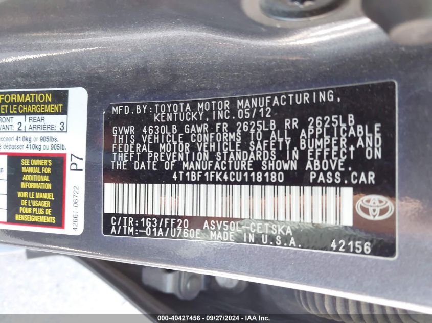 4T1BF1FK4CU118180 2012 Toyota Camry Se