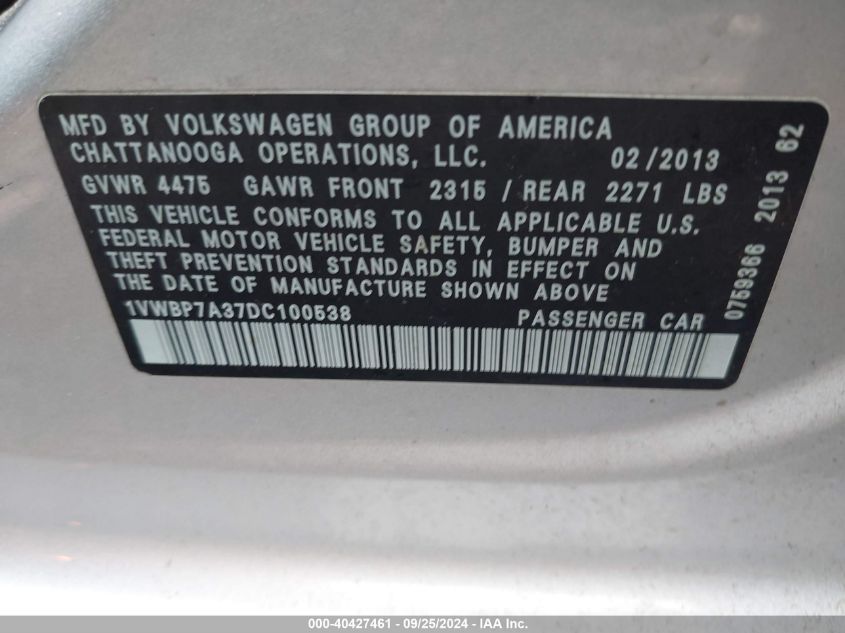 2013 Volkswagen Passat 2.5L Se VIN: 1VWBP7A37DC100538 Lot: 40427461