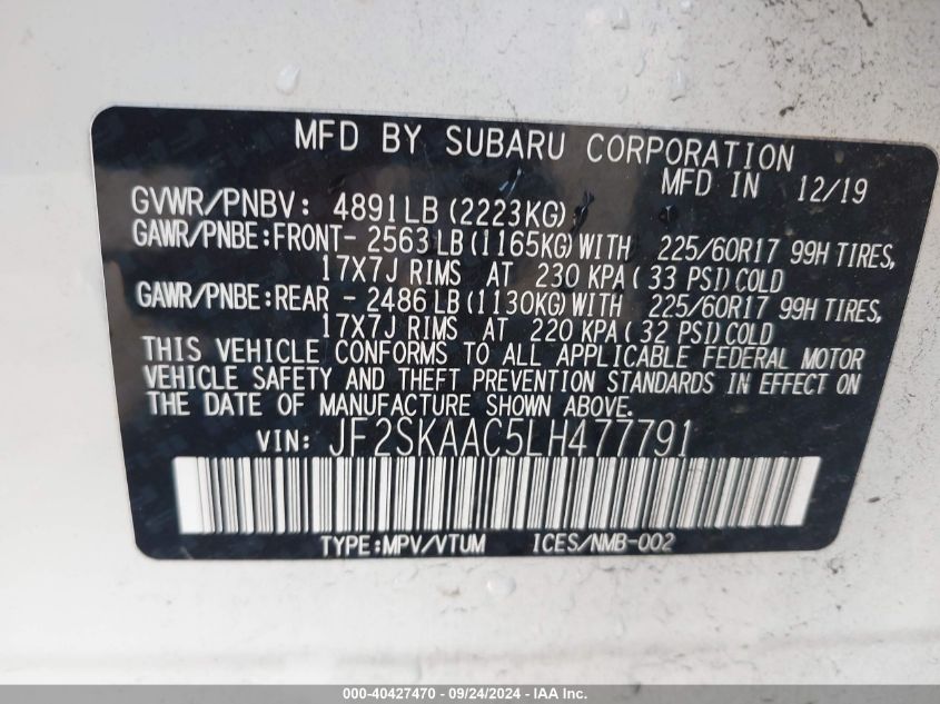 2020 Subaru Forester VIN: JF2SKAAC5LH477791 Lot: 40427470