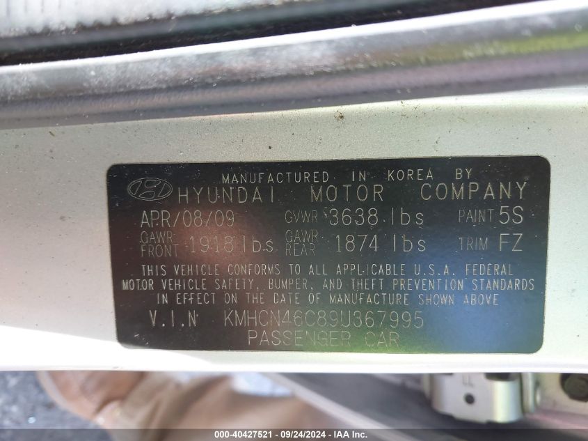 KMHCN46C89U367995 2009 Hyundai Accent Gls