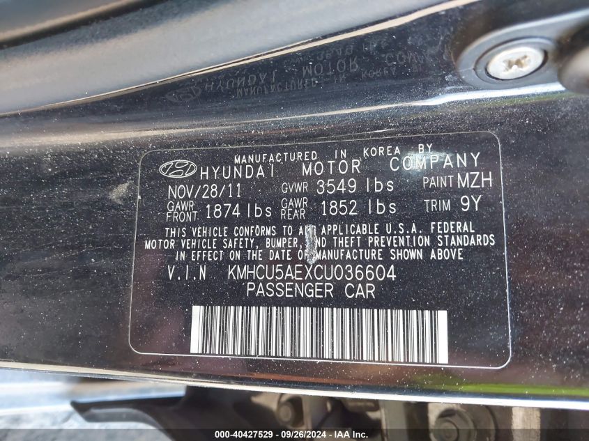 KMHCU5AEXCU036604 2012 Hyundai Accent Se