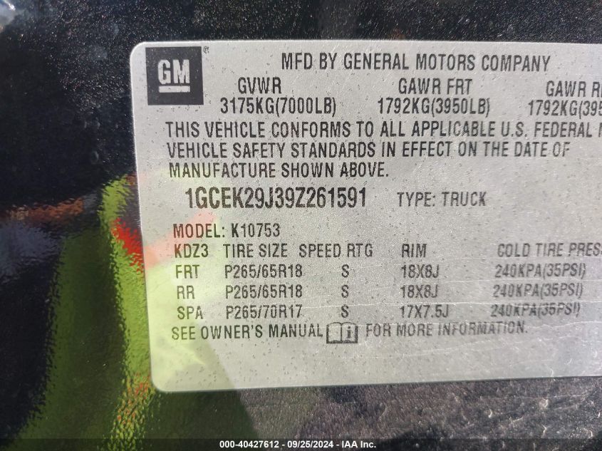 1GCEK29J39Z261591 2009 Chevrolet Silverado 1500 Lt