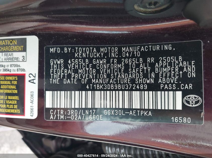 4T1BK3DB9BU372489 2011 Toyota Avalon Limited