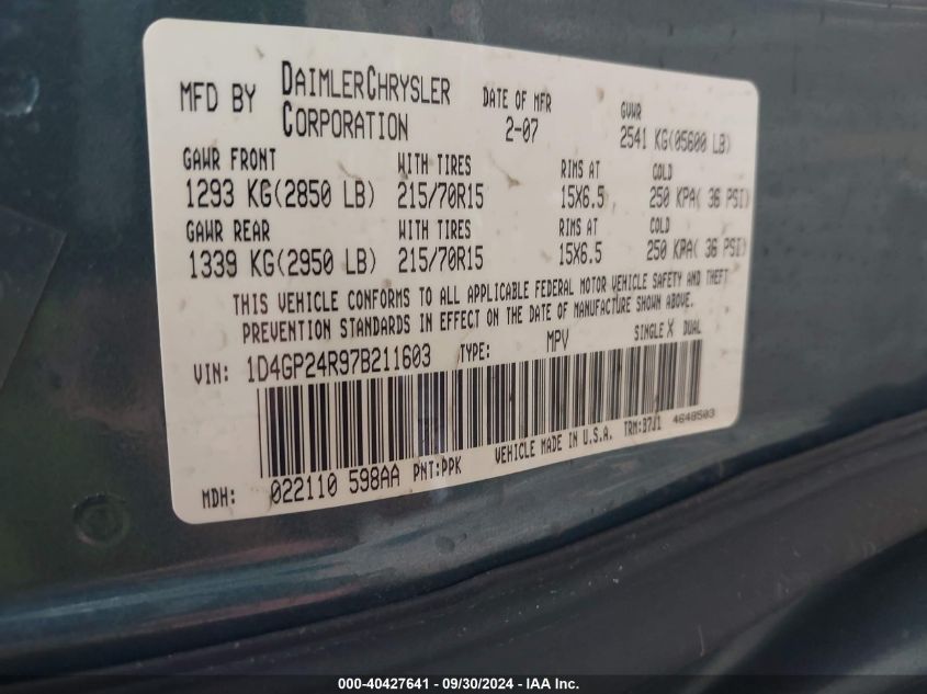 2007 Dodge Grand Caravan Se VIN: 1D4GP24R97B211603 Lot: 40427641