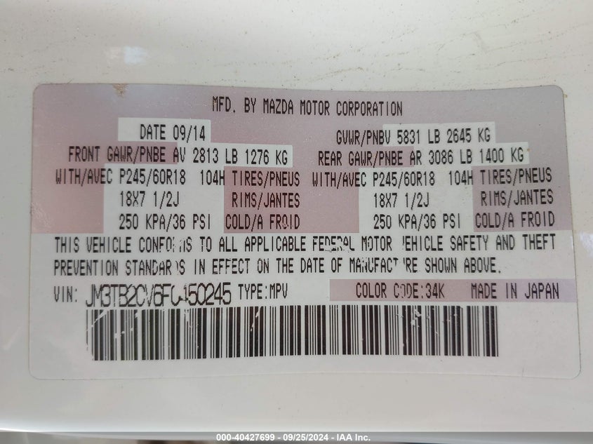 2015 MAZDA CX-9 TOURING - JM3TB2CV6F0450245