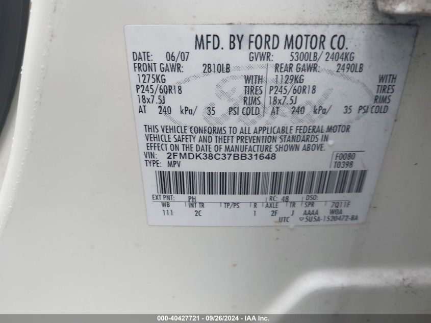 2FMDK38C37BB31648 2007 Ford Edge Sel