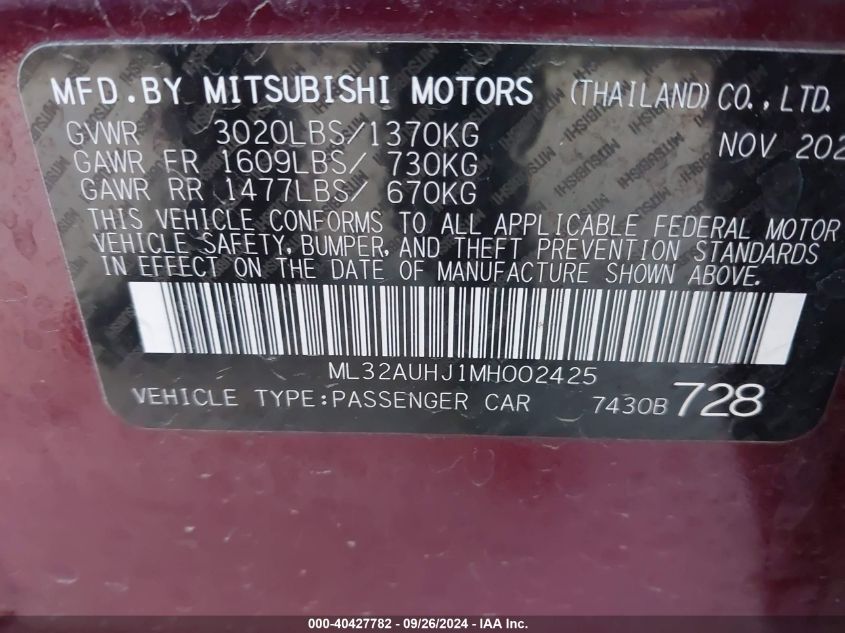 ML32AUHJ1MH002425 2021 Mitsubishi Mirage Carbonite Edition/Es/Le