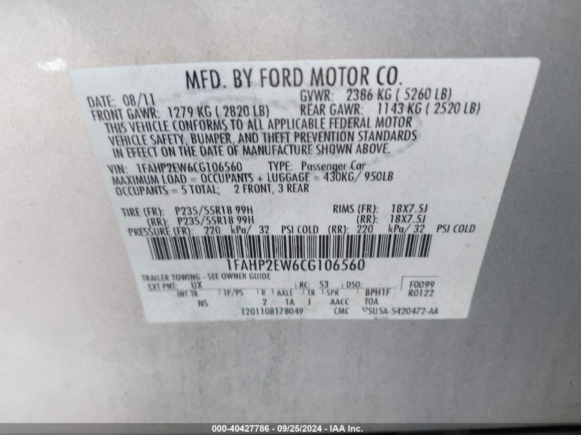 1FAHP2EW6CG106560 2012 Ford Taurus Sel