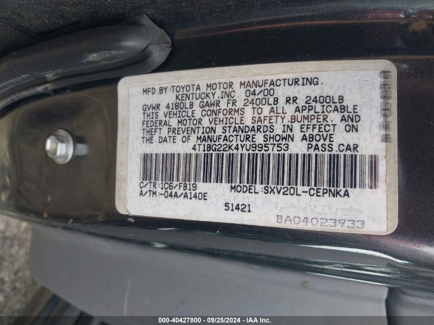 4T1BG22K4YU995753 2000 Toyota Camry Le