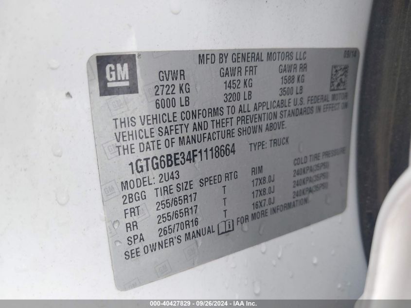 1GTG6BE34F1118664 2015 GMC Canyon Sle