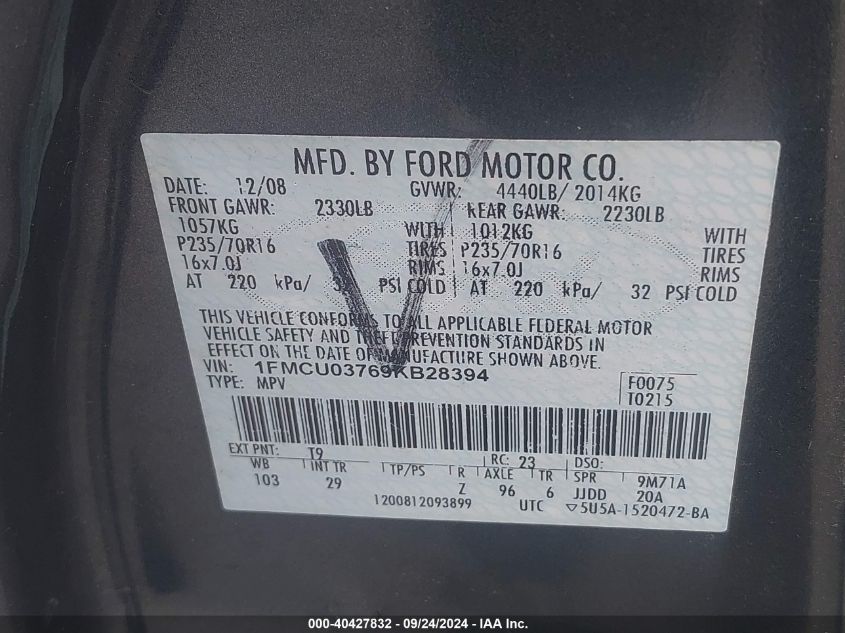 1FMCU03769KB28394 2009 Ford Escape Xlt