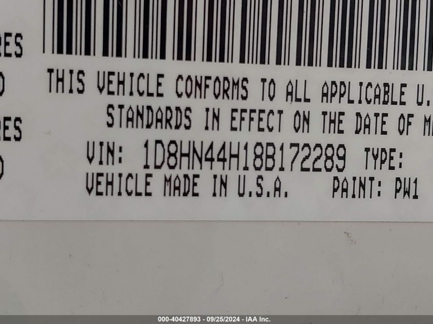 2008 Dodge Grand Caravan Se VIN: 1D8HN44H18B172289 Lot: 40427893