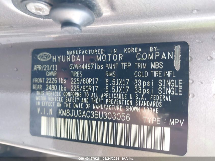 KM8JU3AC3BU303056 2011 Hyundai Tucson Gls