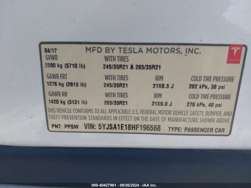 2017 Tesla Model S VIN: 5YJSA1E18HF196568 Lot: 40427961