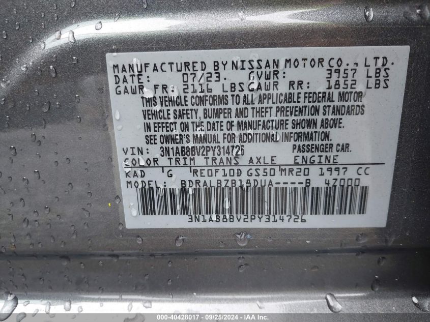 2023 Nissan Sentra S VIN: 3N1AB8BV2PY314726 Lot: 40428017