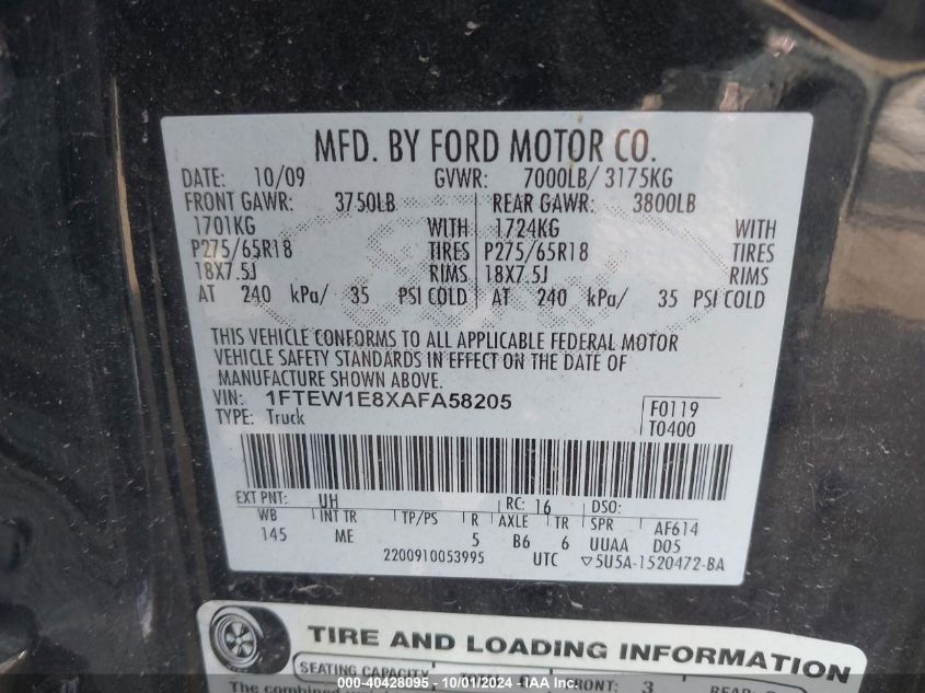 1FTEW1E8XAFA58205 2010 Ford F-150 Xl/Xlt