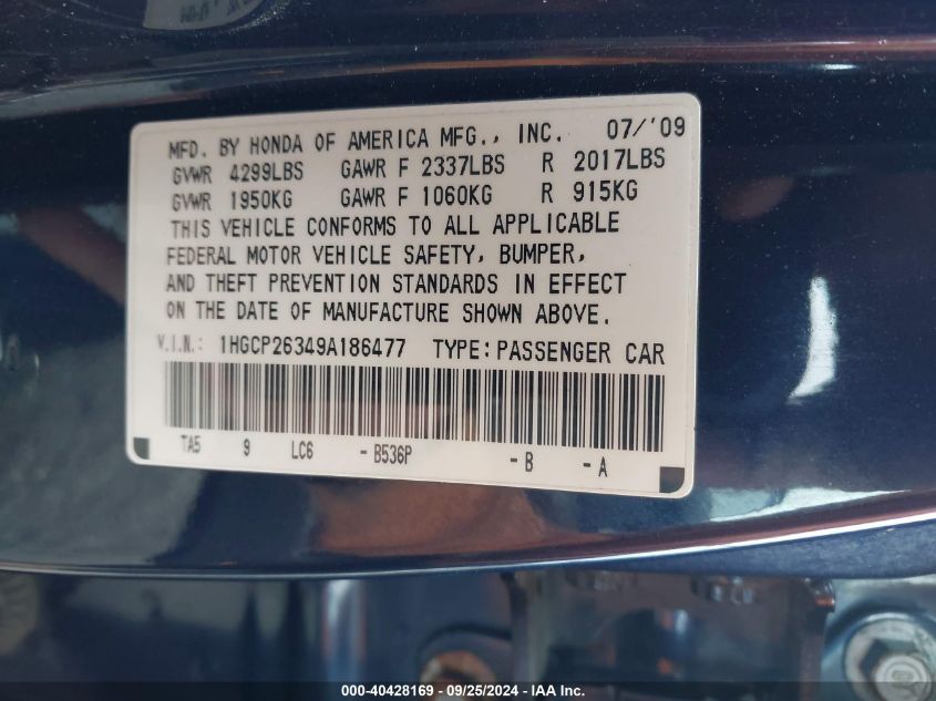 1HGCP26349A186477 2009 Honda Accord 2.4 Lx