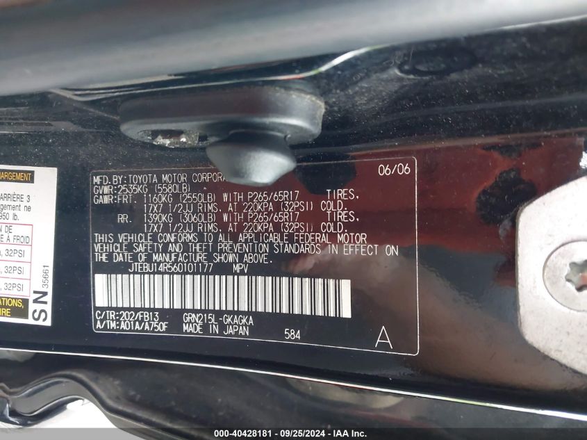 2006 Toyota 4Runner Sr5 Sport V6 VIN: JTEBU14R560101177 Lot: 40428181