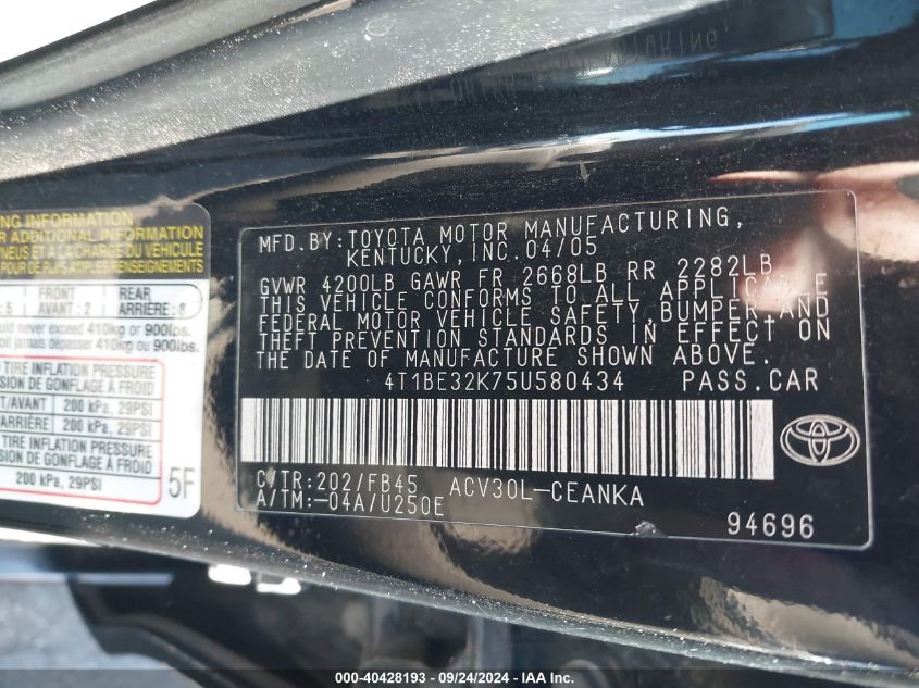 4T1BE32K75U580434 2005 Toyota Camry Le