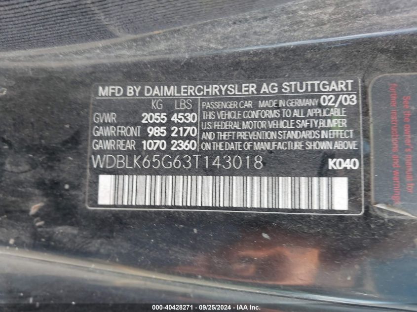 WDBLK65G63T143018 2003 Mercedes-Benz Clk 320