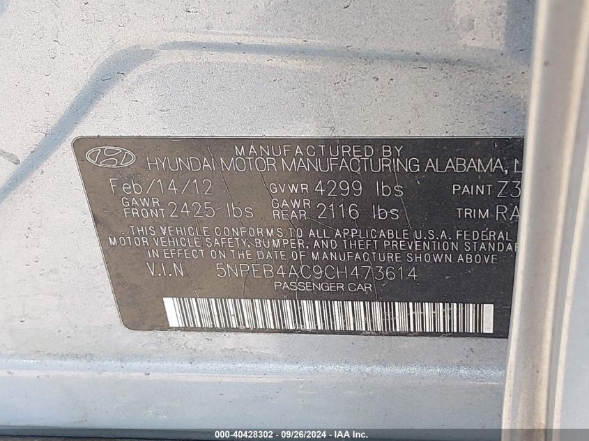 5NPEB4AC9CH473614 2012 Hyundai Sonata Gls