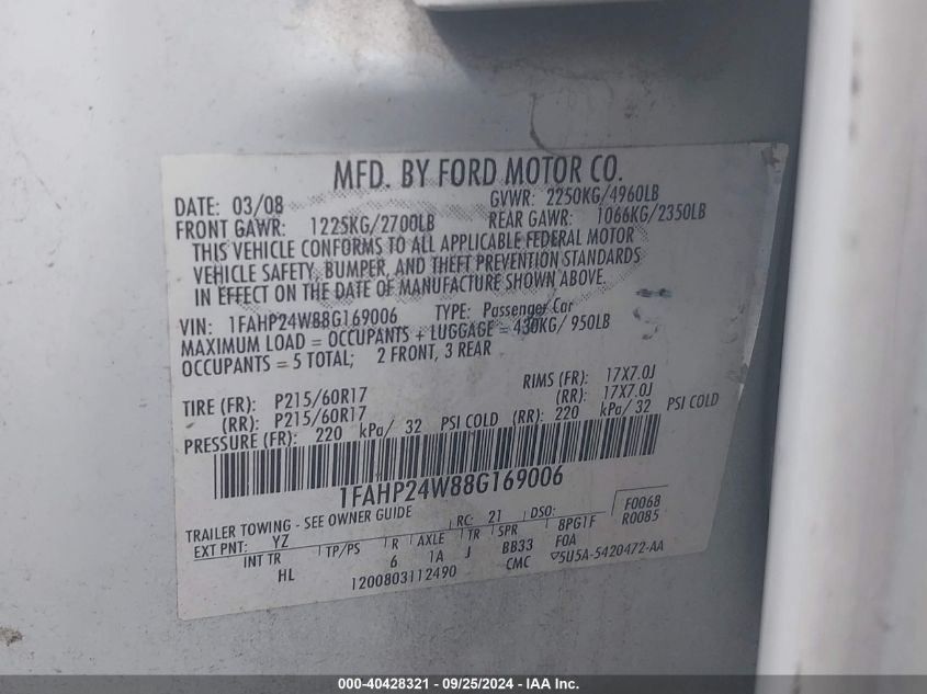 1FAHP24W88G169006 2008 Ford Taurus Sel