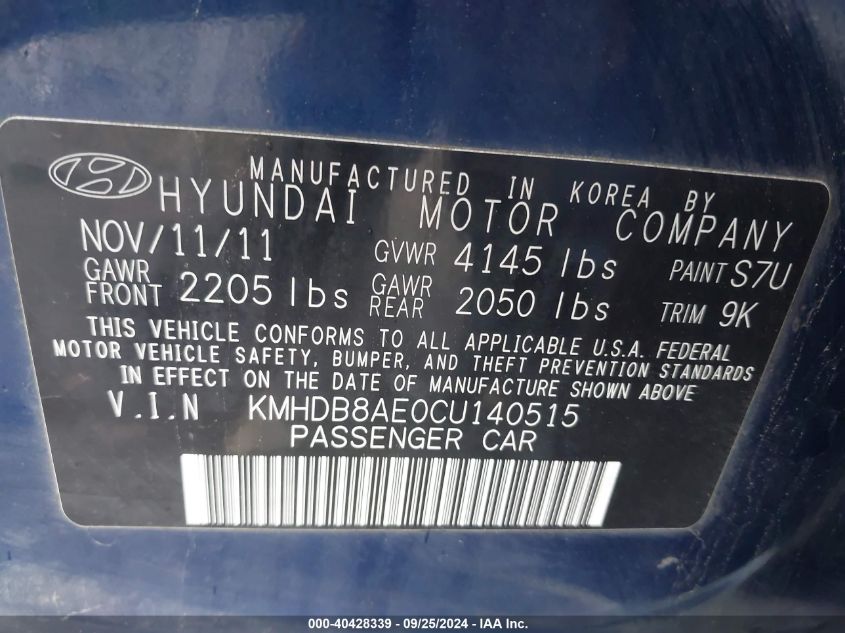 2012 Hyundai Elantra Touring Gls VIN: KMHDB8AE0CU140515 Lot: 40428339