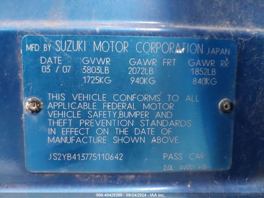 JS2YB413775110642 2007 Suzuki Sx4 Convenience/Rally