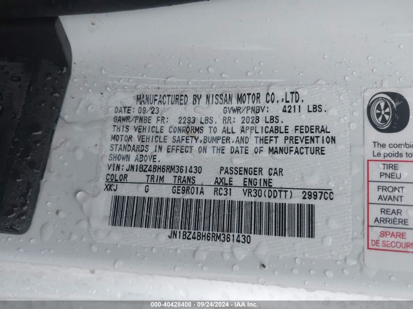 2024 Nissan Z Performance Auto VIN: JN1BZ4BH6RM361430 Lot: 40428408