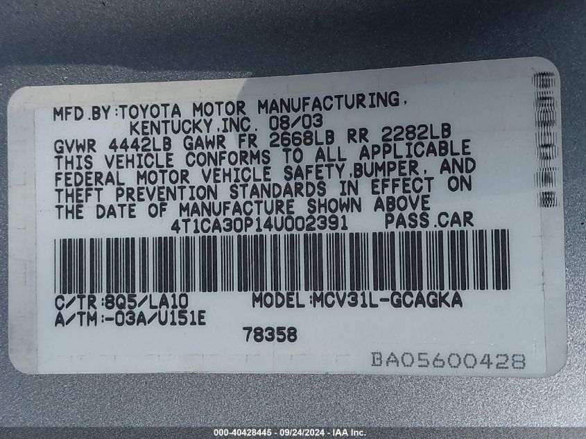 4T1CA30P14U002391 2004 Toyota Camry Solara Sle V6